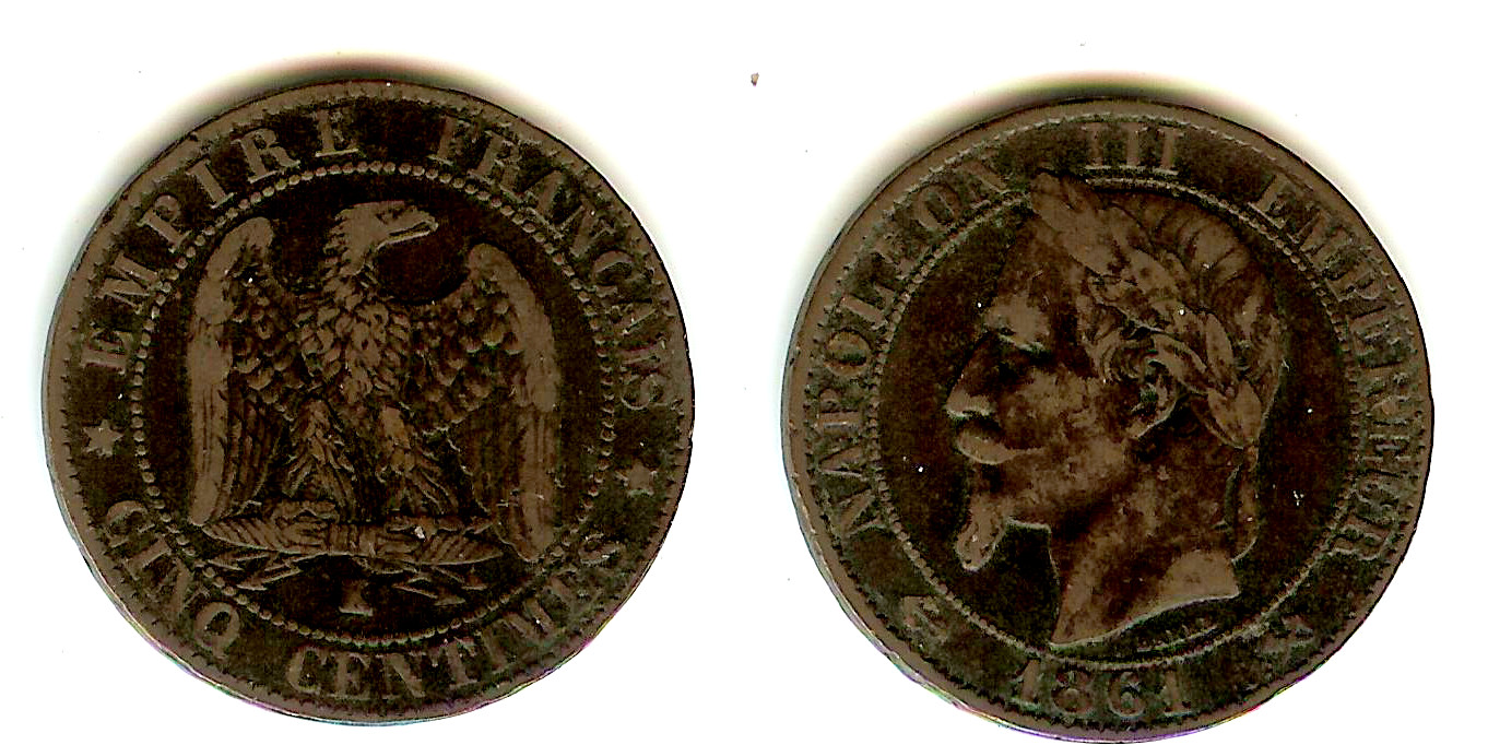 Cinq centimes Napoléon III, tête laurée 1861 Bordeaux TB+ à TTB